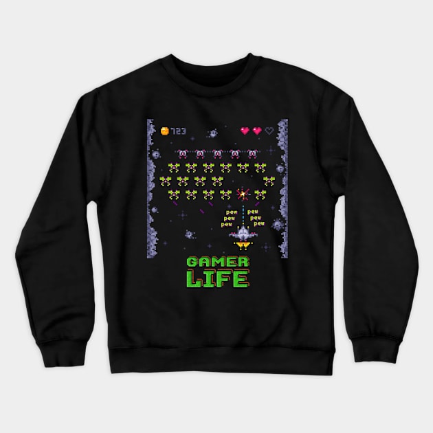 Pew Pew Pew Retro Arcade Game Crewneck Sweatshirt by AlondraHanley